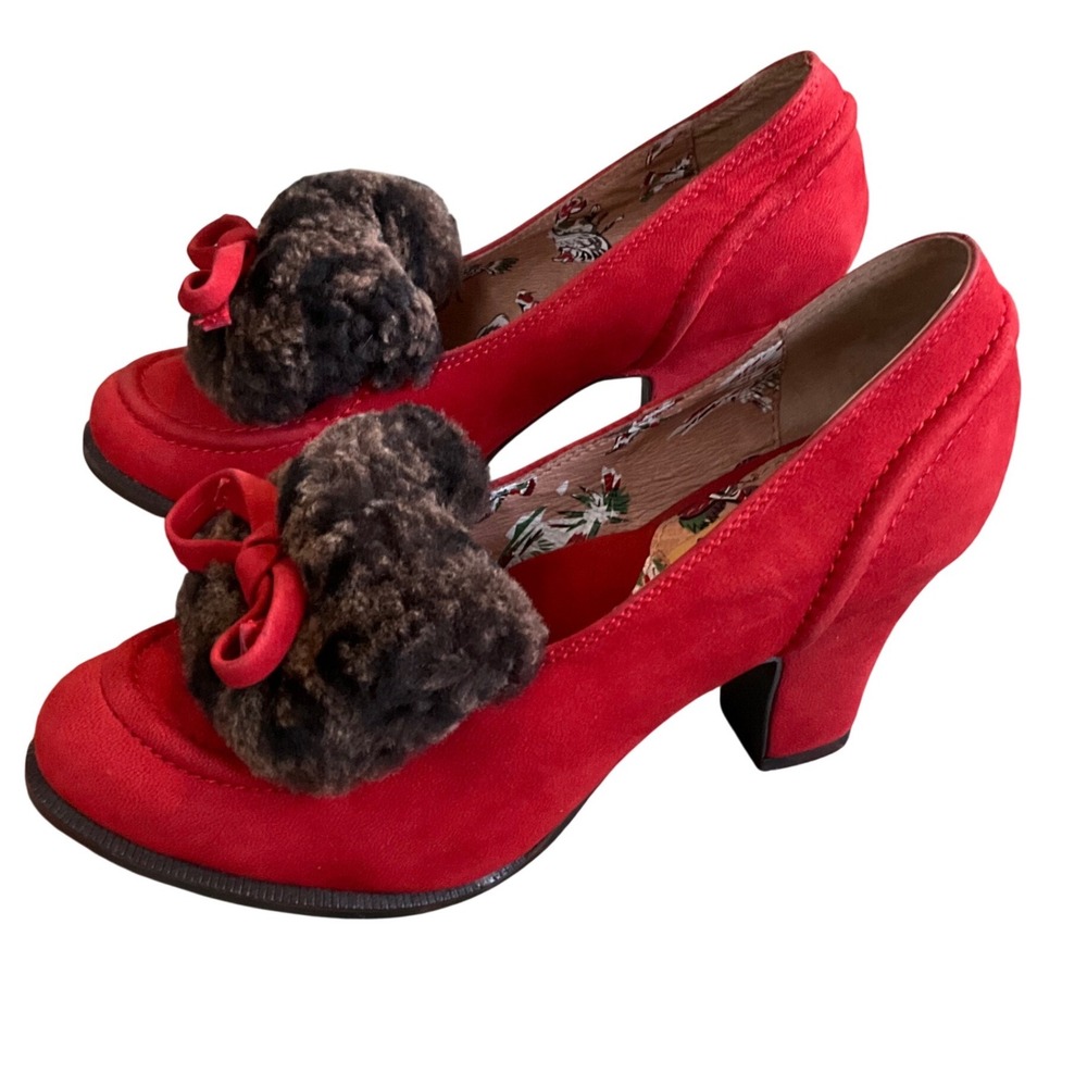 Miss L-Fire Pumps Womens 36 Red Faux Suede Fur Pom Pom Bow Retro Block Heel